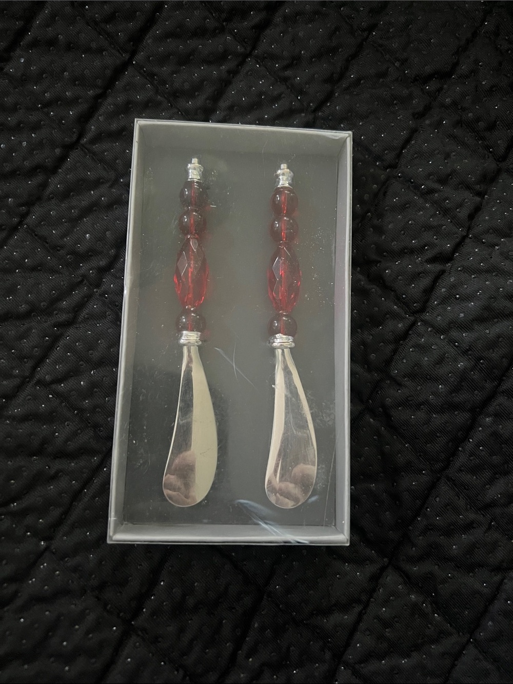 NIB Stokes Set of 2 Red Crystal Beaded Butter/Cheese Spreaders